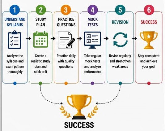 Roadmap explaining effective preparation strategy for government exams from syllabus analysis to final success.