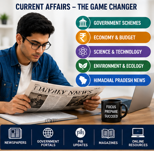 Student reading newspaper and preparing current affairs for HPAS examination including government schemes, economy, science, and Himachal Pradesh news.