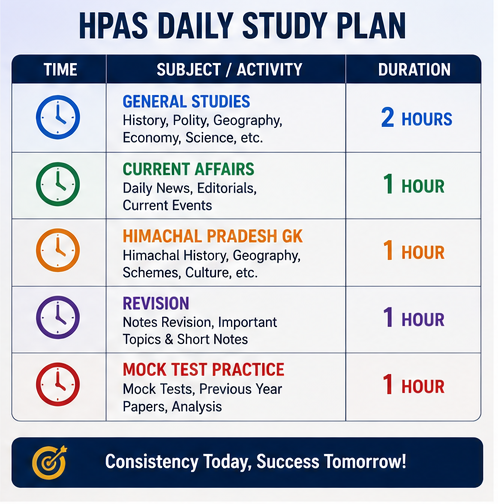 Daily HPAS study plan with time allocation for General Studies, Current Affairs, Himachal Pradesh GK, Revision, and Mock Test Practice