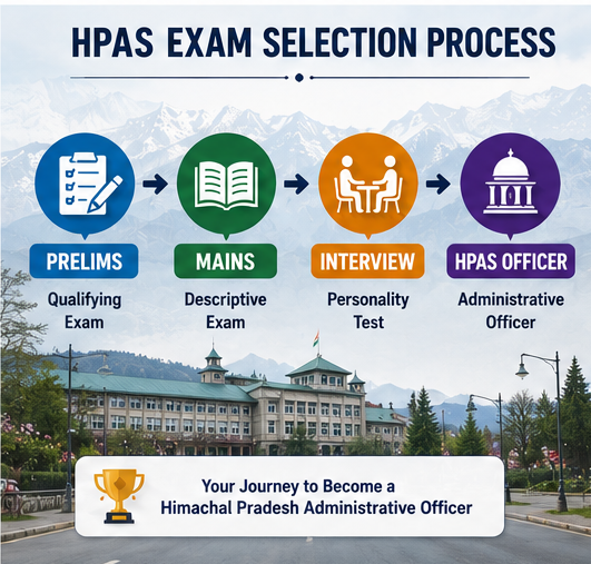 Flowchart illustrating the HPAS examination process from Prelims to Mains, Interview, and Administrative Officer selection