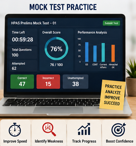 HPAS mock test dashboard displaying score analysis, timer, performance tracking, and exam preparation metrics