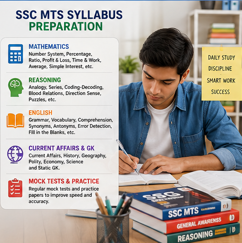SSC MTS syllabus preparation covering mathematics, reasoning, English, current affairs and mock tests.